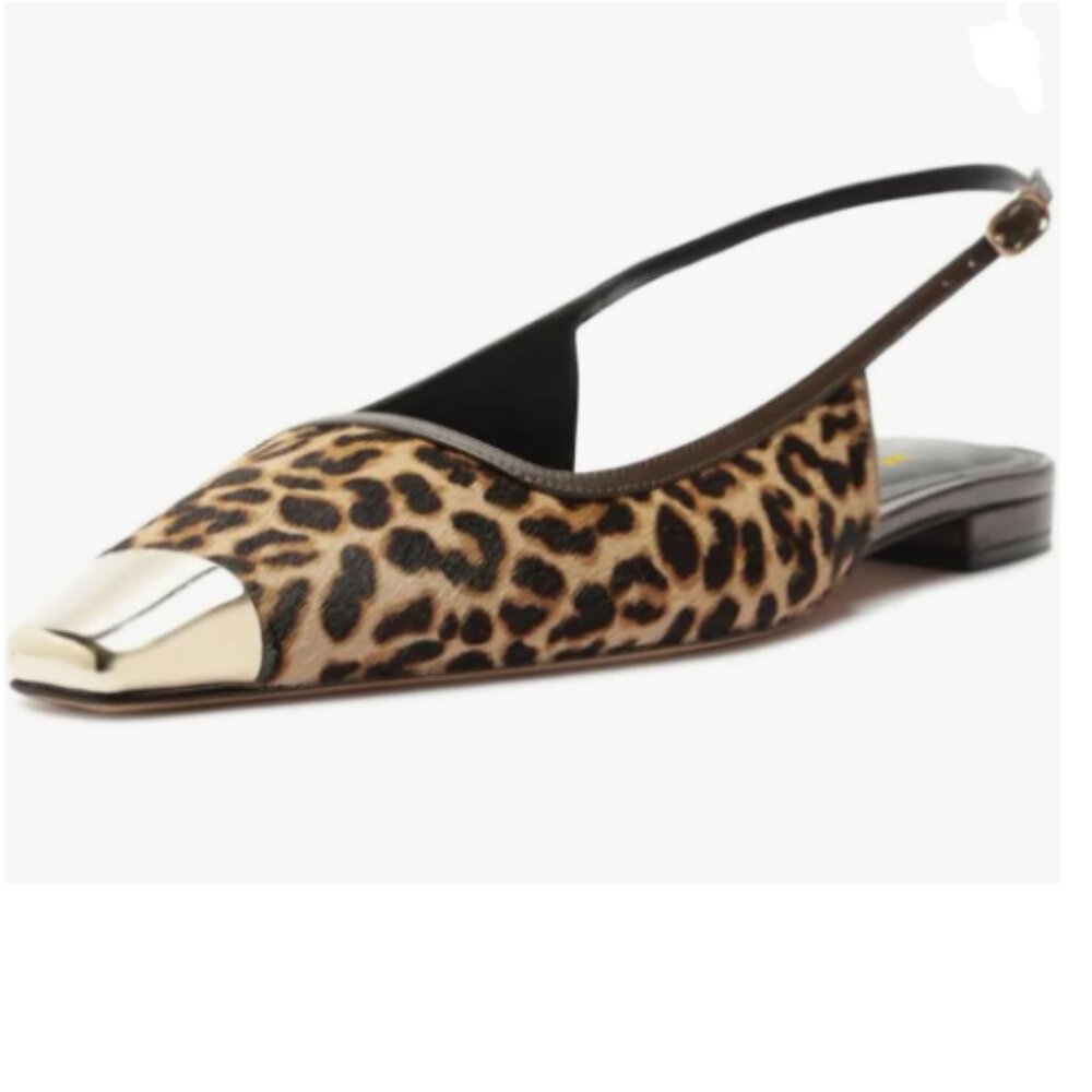 Wo Wagas Leopard Slingback Metallic Cap Toe Pumps Adjustable Strap Buckle Shoes